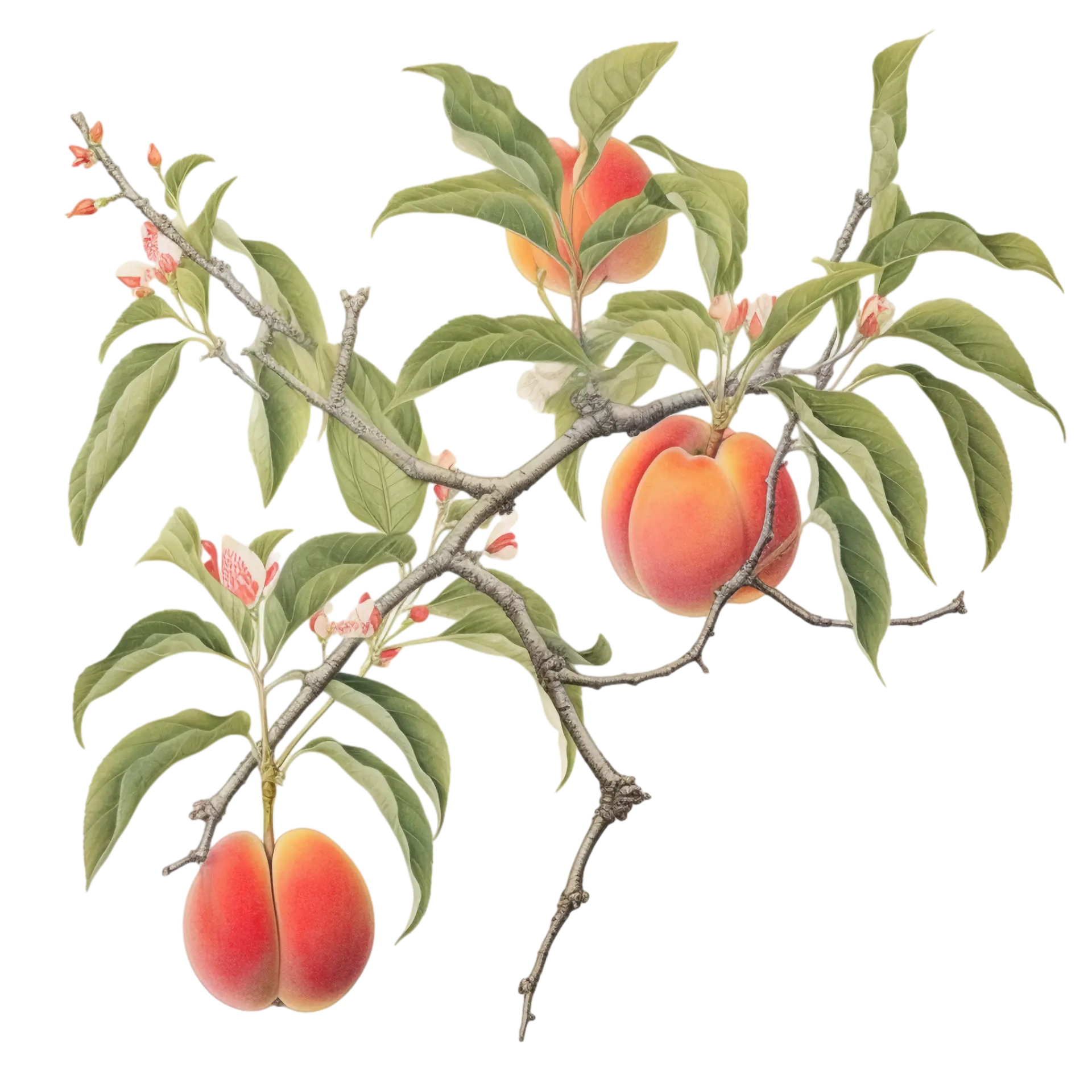 Potted ornamental peach tree with a slender twisting trunk, open leafy canopy, and ripe ripe peaches